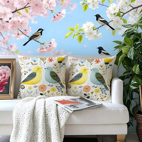 Gnoxaris Outdoor Kissenbezug Wasserfest Outdoor Kissen Wetterfest Dekorative Gartenkissen 45x45 cm Vögel im Blumenmeer Wasserdicht Kissenbezüge 2er Set für Garten Sofa Wohnzimmer Bett