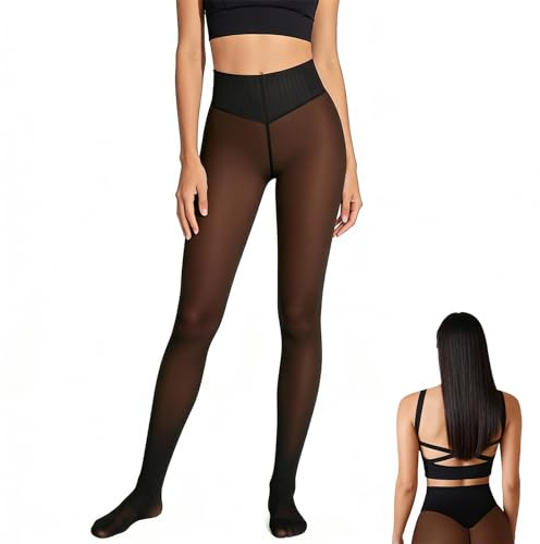 nnOuOnn One-Seam Translucent Fleece Lined Tights, New Compression Band Model Thermal Tight for Women, Magic Bare-Leg Fleece Leggings, High Waisted with Tummy Control & Butt Lifting Design (M, Deep)