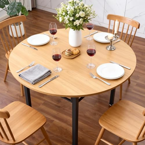 Mingone Mesa de Comedor Redonda para 4 Personas, Mesa de Comedor de 100 cm, Mesa de Cocina Estilo clásico con Bandeja de Aspecto Madera y pie de Mesa Metal (Madera, Redonda)