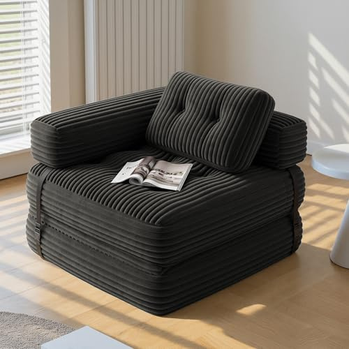 Xbro Faltbares Schlafsofa,Klappsofa 2-in-1 Mit Schlaffunktion, Gästebett Für Kleine Räume, Cordstoff, L-Förmige Kopfstütze, 85 x 85 cm Bis 170 x 85 cm, Schwarz