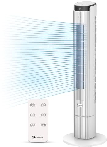 PureMate 43-Inch Tower Fan with Remote Control, Oscillating Bladeless Cooling Fan, 4 Speeds & 4 Wind Modes, 12 Hour Timer, LED Display, Portable Quiet fan for Bedroom Office and Home - White
