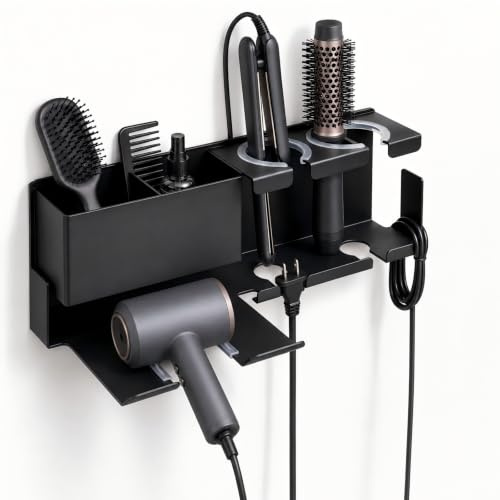 Zolirao Wall Mounted Hair Dryer Holder, Plug Hook and Storage Basket, Black | Stores a hairdryer, straightener and brushes; carbon steel frame, plug hook and basket, with adhesive or screw mounting.