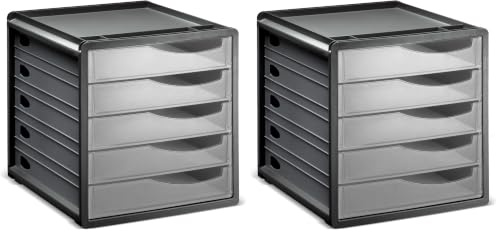 Rotho Spacemaker Schubladenbox/Bürobox mit 5 Schüben, Kunststoff (PS) BPA-frei, transparent/anthrazit, (33.5 x 28.5 x 32.0 cm) (Packung mit 2)