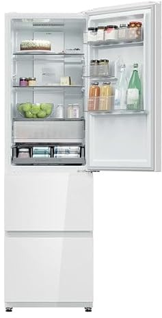 Haier Series 3 HTR3518DNGWK - 55cm - 303 Litre Capacity - 60/40 Split - 3 Door - Frost Free - White Glass Freestanding Fridge Freezer - H 185 x W 54.5 x D 62.2 cm