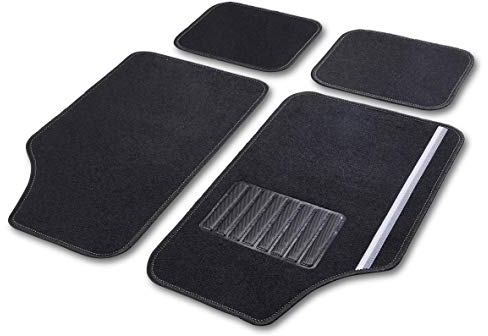 Cartrend 10606 Universal Textilmatte Rally 4-teilig Teppich Matten Stoffmatten Autoteppiche Fussmatten Auto, mit schwarzen Dekorstreifen, Schwarz