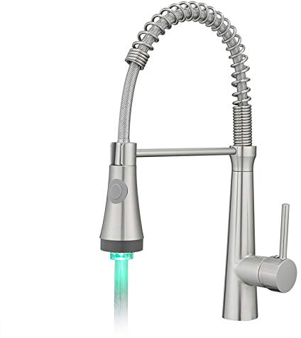 TIMACO LED Wasserhahn Küchen mit Spiralfeder, 360°Schwenkbare Spültischarmaturen,Küchenarmatur & Brause ausziehbar- Hochdruck, Gebürstetes Nickel