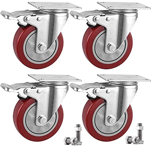 4 x Lenkrollen mit Bremse Transportrollen 100 mm Schwerlastrollen Rollen für Möbel, 360° Drehung bis 600KG Tragbarkeit für Innen & Außen, Rot (100MM)