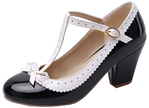 LOVOUO Mary Jane Cosplay Femme Lanière Escarpin Vintage Rockabilly Lolita Talon Carré Bloc Haut Vernis avec Noeud Boucles Chaussures 7CM(Noir,43)