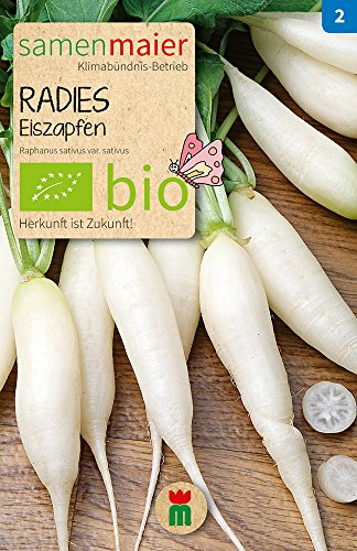 BIO Radies Eiszapfen Samen - Zart und feiner Geschmack - Anspruchsvolles Gemüse mit längerer Kulturzeit - Anbauzeit: März bis August - Inhalt: 2,5 g - Samen Maier