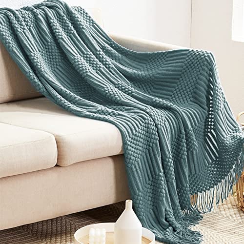 LumiSyne Gestrickte Decke Mit Quaste Einfarbig Blasenmuster Kuscheldecke Strickdecke Tagesdecke Überwurf Couchdecke Dekorative Decke Für Sofa Bett 230x130cm