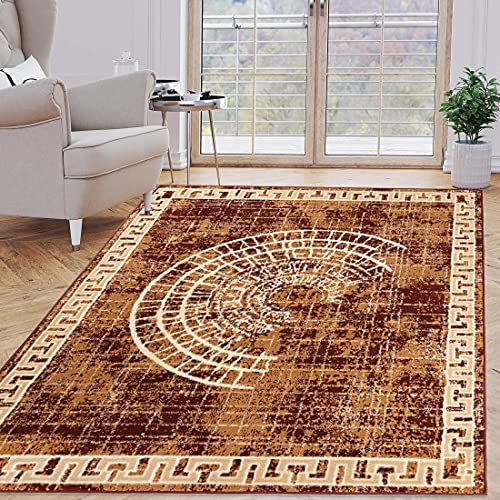 Carpeto Rugs Kurzflor Teppich mit Bordüre - Mäander Griechisch Muster - Wohnzimmer, Schlafzimmer und Flur - Robust und pflegeleicht und Fußbodenheizung geeignet - Braun 160 x 220 cm