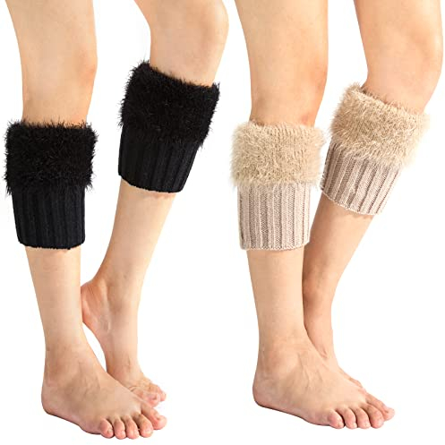 PHOGARY 2 Pairs Winter Warm Boot Cuffs for Women, Crochet Knitted Boot Socks Black and Beige Short Leg Warmers Boot Topper Socks Leg Cuffs Boot Warmers Gift for Girls, Black+Beige