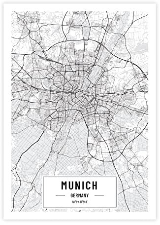 Petra Pan Städteposter München in schwarz-weiß · Wandbild mit Stadtplan · DIN A4 (21x29,7cm) · als Deko oder Geschenkidee · Var. E