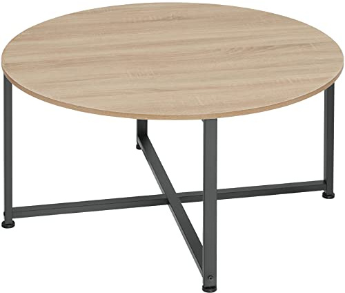 tectake® Couchtisch rund Holz und Metall, Beistelltisch rund, runder Tisch Wohnzimmer, Sofatisch, Wohnzimmertisch, Coffee Table Ø 88,5 cm, einfache Montage - Industrial Holz hell, Eiche Sonoma