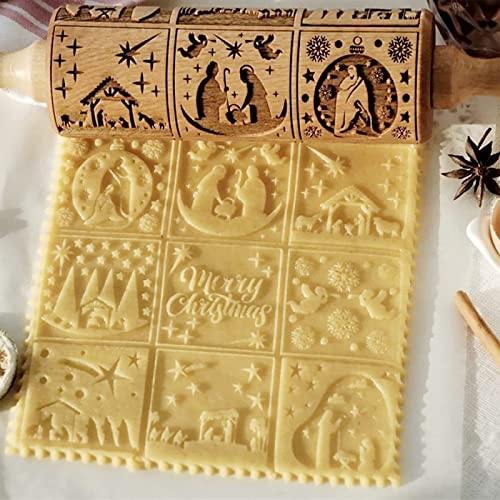 Weihnachts-Holznudelhölzer, Präge Nudelholz, Krippenmuster Weihnachten Weihnachten Holz 3D Prägung Nudelholz Gravierte Nudelhölzer Kekse DIY Werkzeug zum Backen Geprägter (1pcs)