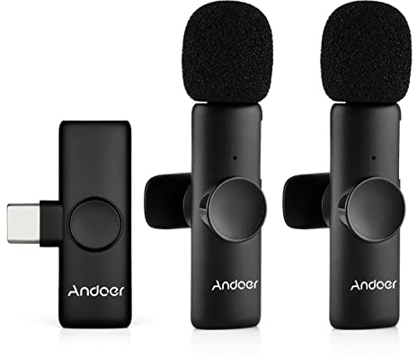 Andoer Kabelloses Mikrofon für Mobiltelefon, 2,4 GHz, kabelloses Mikrofon (2 Sender + 1 Empfänger), Übertragungsbereich von 20 m, Plug-and-Play, drahtloses Mikrofon für Youtube/Vlog/TIK Tok