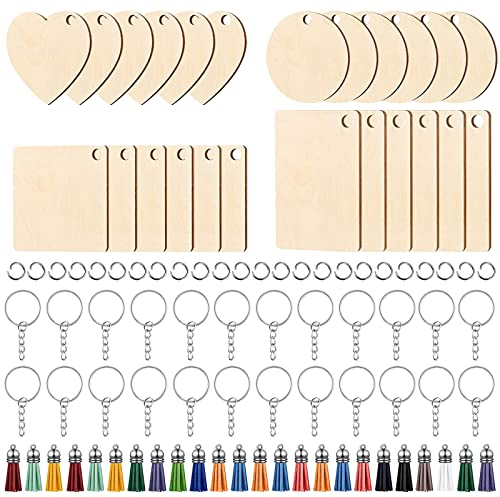 96 Pièces Porte-Clés en Bois Bricolage Vierge Porte Clé Bois Brut Rectangle Personnalisé Porte Clés Étiquette Gravable Peinte pour Femmes Hommes Porte Clef Bois Naturel Décor (4 Formes Différentes)
