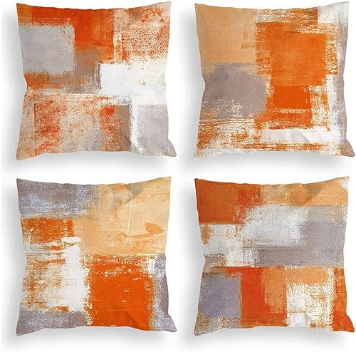 TIDWIACE 4er Set Orange-grau Deko Kissenbezug 45 x45 cm, Dekorative Sofakissen Leinen Kissenbezüge Luxus Decor für Sofa Wohnzimmer Zierkissen