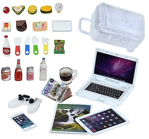 Nuanmu 27 Pieces Dollhouse Mini Laptop Tablet and Smart Phone Newspaper Book Miniatures Hamburger Cake Coffee Juice Trolley case DIY Play Game Party Toys Accessories (White Set)