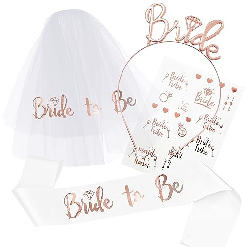 TOPWAYS Addio al Nubilato e Celibato Decorazione Set, Gadget Addio al Nubilato Sposa Bride to be Sash Decorazione Fascia e Velo da Sposa Accessori per Addio al Nubilato Sposa (Bride Oro Rosa+Bianca)