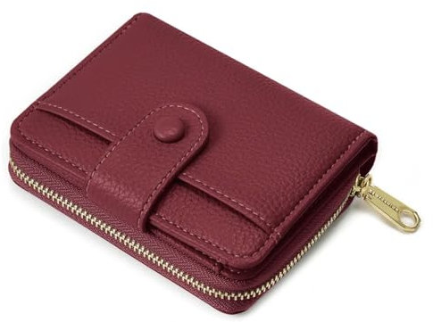ANYWN Porte Feuille pour Femme, Petit Porte Monnaie Femme en Cuir Souple, Portefeuille et Porte-Cartes Petit Format avec Grand Compartiment à Monnaie zippé, Rouge Bordeaux