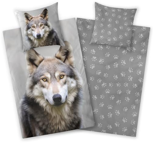 Aminata kids Biber Bettwäsche Wolf-Motiv 135x200, Flanell Baumwolle mit Winter-Landschaft, Bettwäsche-Set Wölfe beige, warm & weich für Mädchen Jungen Erwachsene