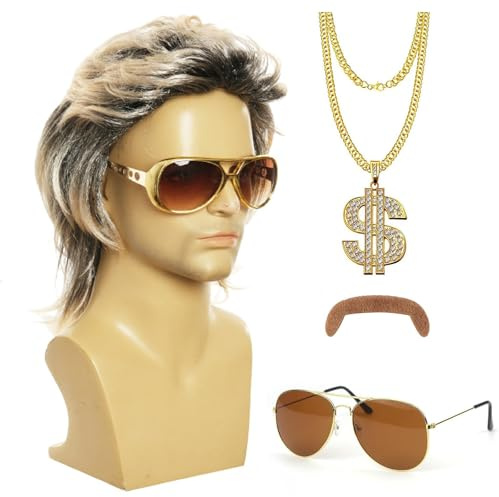NebulaGlam 80er Jahre Outfit Herren Perücken, Männer Karneval Fasching Perücke, Wig Sonnenbrille Halskette Schnurrbart, Vokuhila Perücke für 70er 80er Thema Halloween Fasching Karneval