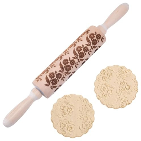 DELORIGIN Rouleau à Pâtisserie en Bois Gaufré avec Imprimé de Feuilles de Fleurs 35cm pour la Cuisson de Biscuits Motif 3D Accessoires de Pâtisserie Pâtisserie Maison Pâte à Biscuits