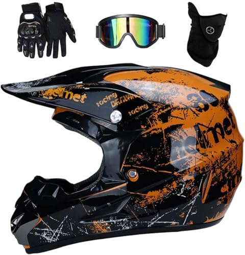 Vollvisierhelm für Mountainbike, Motocross-Helm, Off-Road, ATV, Roller, Motorradhelm mit Brille, Handschuhen, Maske, Downhill, Enduro, Quad, Dirtbike, Crash (Orange, Größe M (54-55 cm)