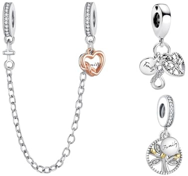 H.ZHENYUE Anhänger Charms 925 Sterling Silber Safety Chain Family Tree Bead with Zirconia Europäische Armbänder Halskette,Schmuck Geschenk Weihnachten,Valentinstag,Muttertag Damen 3-Stück/Paket