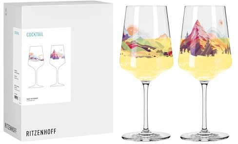 RITZENHOFF 8096005 Cocktail-Glas 500 ml, 2er Set, Serie Entdecker, 2 Stück mit Berglandschaft-Motiv, bunt - Made in Germany