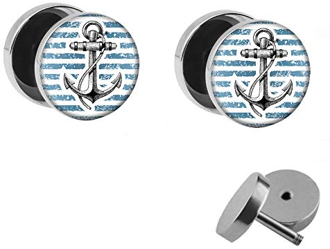 Treuheld® | Set - Anker und Blau-Weiße Streifen - 2 Ohrstecker zum Schrauben - Maritime Fake Plugs - Ø 10mm - Ohrringe Fakeplug - Silber Ohrring in Blau-Weiß - Chirurgenstahl Faketunnel