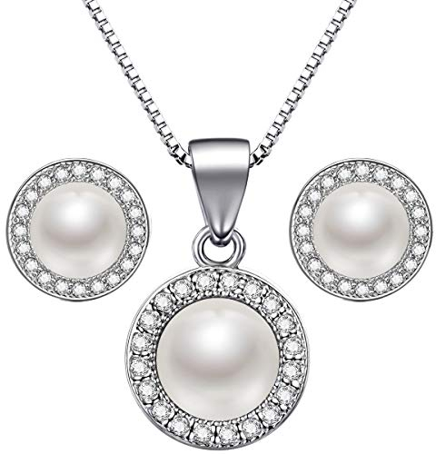Lydreewam Perlen Kette Ohrringe Schmuckset Silber 925 für Damen mit Blau Valentinstag Geschenkbox