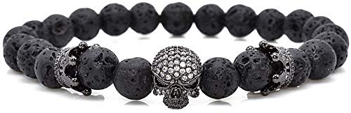 EXINOX Bracciale con Perle di Pietra vulcanica | Uomo | Teschio e Corona Dettagli | Re Vulcano Lava | Nero