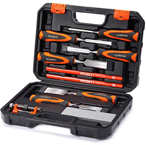 REXBETI Set di 10 scalpelli per legno di alta qualità, 6 scalpelli per legno con 1 guida per levigatura, 1 pietra per affilare e 2 matite da falegname, lame in lega Cr-V trattate termicamente