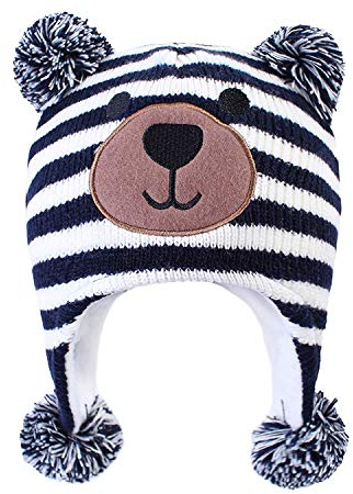 LANGZHEN Kleinkind Kinder Kleinkind Winter Hut, Earflap Strick Warm Cap Fleece gefütterte Mütze für Baby Boys (Bär-Navy Streifen, M(48-50CM/18.9-19.69))