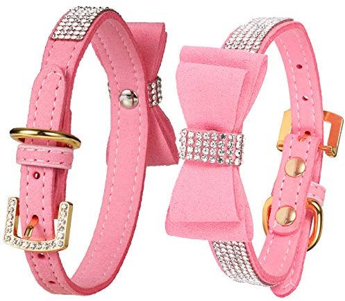 LOVPE Collier pour chien/chat en cuir velours avec nœud papillon et strass pour chiot/chaton, petits chiens et chats (tour de cou : 25,4 à 33 cm), rose)