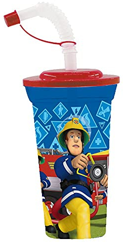 P:os 33339 - Trinkbecher mit Feuerwehrmann Sam Motiv, mit Strohhalm, Fassungsvermögen ca. 500 ml, aus Kunststoff, bpa- und phthalatfrei, für Zuhause und Unterwegs, Modell 1