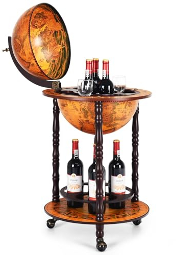 COSTWAY Bar Globe Terrestre Vintage Mappemonde en Bois d'Eucalyptus, Bar pour Bouteilles de Vin avec 3 roulettes et Style Italien du XVIe Siècle, pour Vins, Boissons, Verres à Pied, 47 x 47 x 90 cm