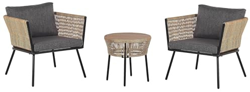 Beliani Stilvolles Balkonset 2 Stühle Couchtisch Rattan Natürlich Auflagen grau Gargano