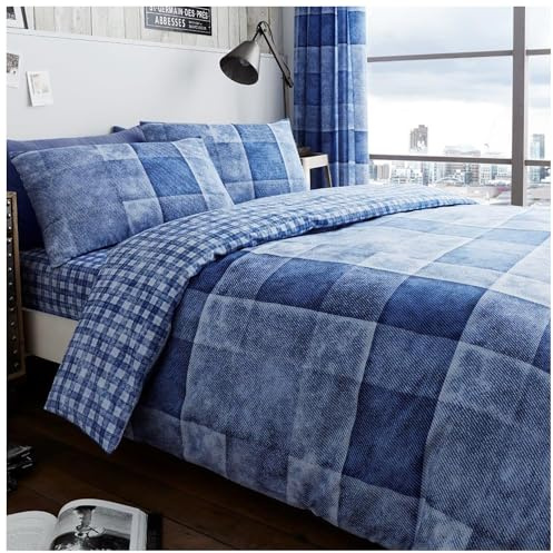 GC GAVENO CAVAILIA Printed Duvet Cover Sets, Reversible Bedding Bed Set, Polycotton Quilt Covers, Denim Check-Blue, King