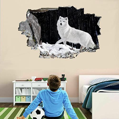 Wolf 3D Wandtattoo Wanddurchbruch, Tier Durchbruch Wandaufkleber für Kinderzimmer, sticker für Wohnzimmer, Schnee Abnehmbare Selbstklebend Vinyl Wandsticker, Wandbild Junge Mädchen Schlafzimmer