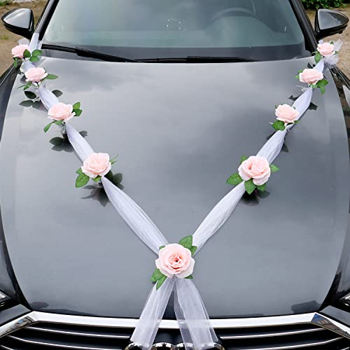 Autoschmuck Hochzeit Braut Paar Rose Deko Dekoration Auto Schmuck Car Wedding Girlande Autodeko Hochzeitsdeko Auto Blumenschmuck Hochzeitsschmuck Hochzeitsauto Deko für Hochzeit Party,Champagner-Rosa