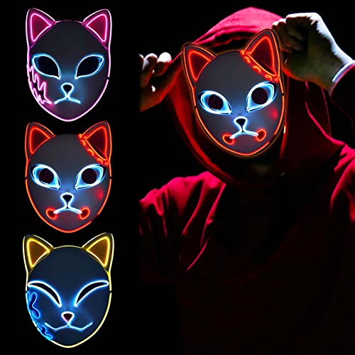 Dämonentöter-Fuchsmaske, LED, Cosplay, Katze, japanisches Anime, Halloween-Kostüm, Requisiten für Erwachsene, 3 Stück
