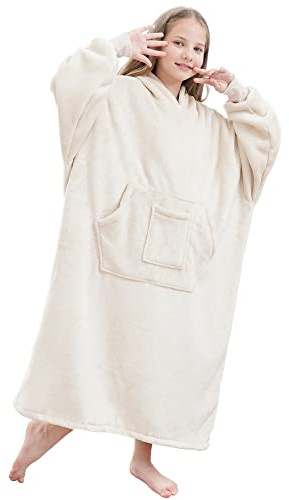 FUSSEDA Übergroße Tragbare Decke Sweatshirt, Super Dicke Warme Sherpa Fleece Kuscheldecke Hoodie mit Taschen und Ärmeln für Erwachsene und Kinder