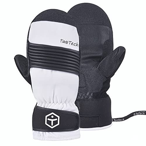 TaoTech Fäustlinge gesammelte Snowboardhandschuhe mit Handgelenkschutz Herren Damen Skihandschuhe mit Protektor Wasserdicht 5 Finger Innen, Gerafft/Weiß, Large