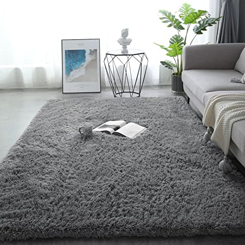 Enyhom Indoor Weich Shaggy Teppich 120 x 160 cm Großen Waschbar Hochflor Teppich Luxus Samt Shag Teppich rutschfeste Dicker Kunstfell Bodenteppich für Wohnzimmer Schlafzimmer Sofa, Grau