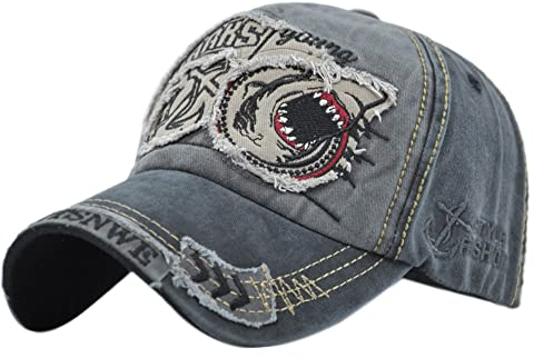 YULOONG Vintage Baseball Cap Denim Bestickter Haifisch Trucker Hut Retro Sonnenhut mit ausgefransten Kanten 100% Baumwolle Outdoor Cap Unisex B