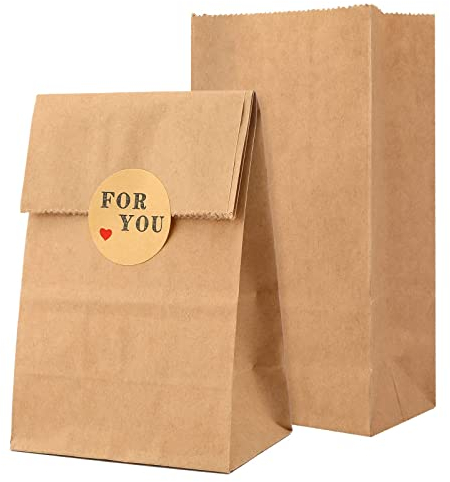 GCQQ 100Pcs Kraft Paper Bags Small, 70 g/m² Brown Paper Bags Sturdy with 108 Pcs Stickers, 5.5x9x18CM Paper Lunch Bags for Kids, Paper Sandwich Bags for Grocery, Craft, Storage