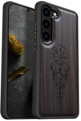Carveit Handyhülle für Galaxy S23, Dunklesholz-Wikingerkompass | Holzdesign Case [Holz und TPU Silikon Hybrid Hülle] Cover Kompatibel Samsung S23 5G Handyhulle
